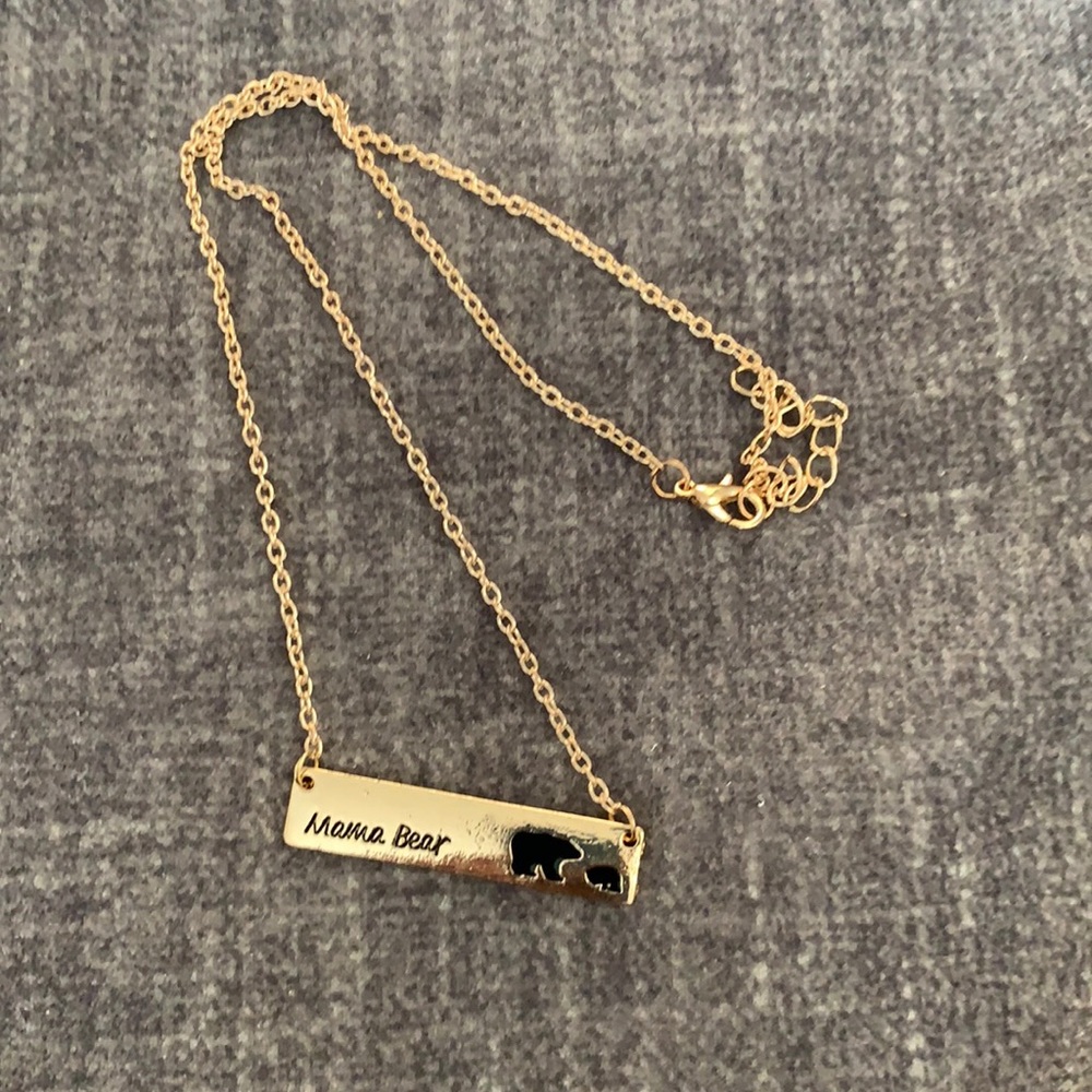 Mama Bear one cub one child necklace gold color